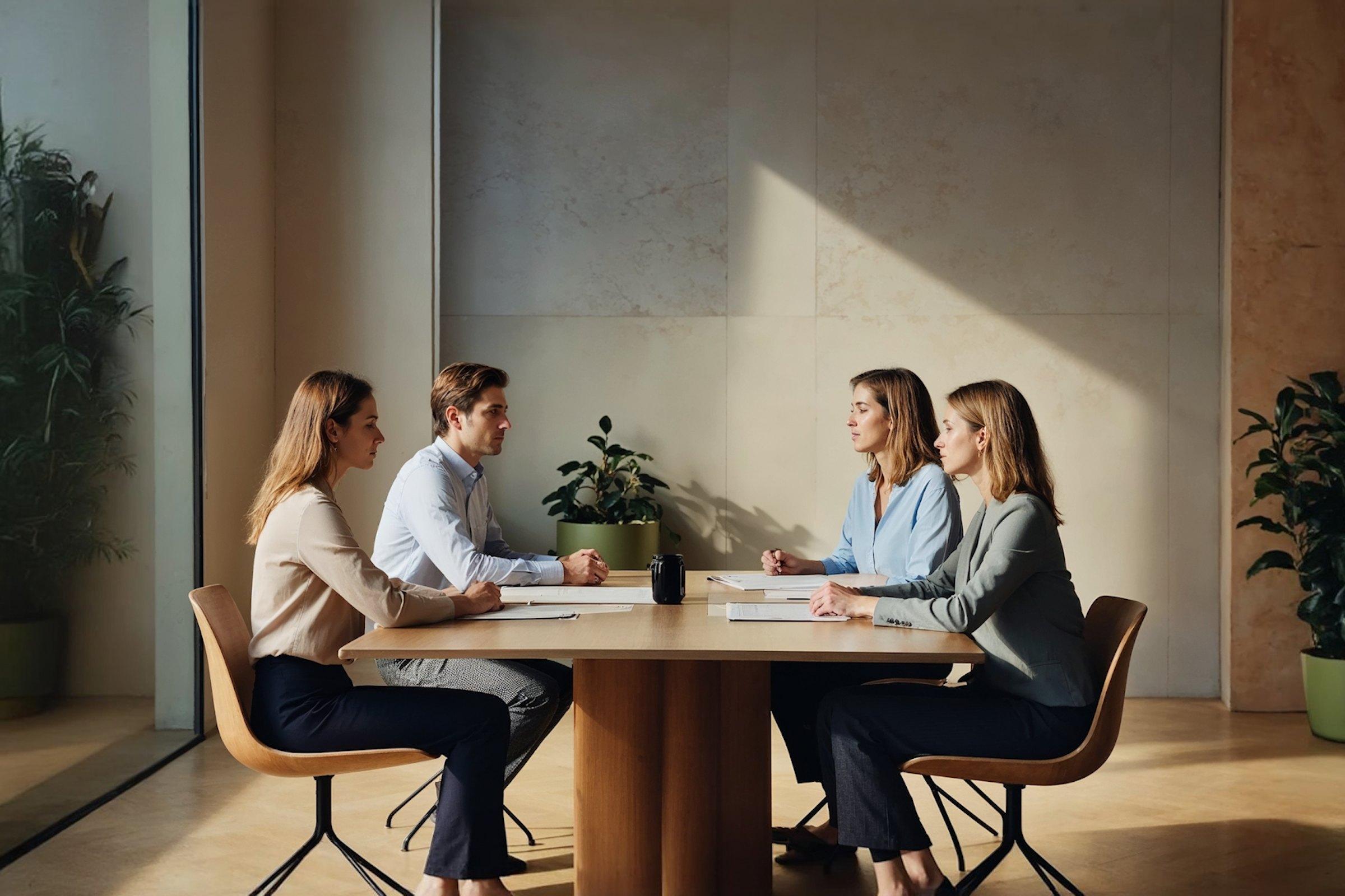 An IT team at a sunlit table — warm and human